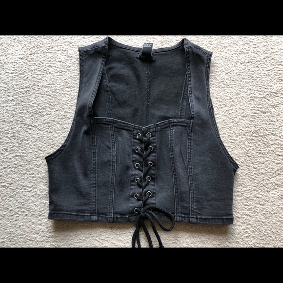 Forever 21 Black Stretch Denim Lace Up Crop Top L - Picture 2 of 8